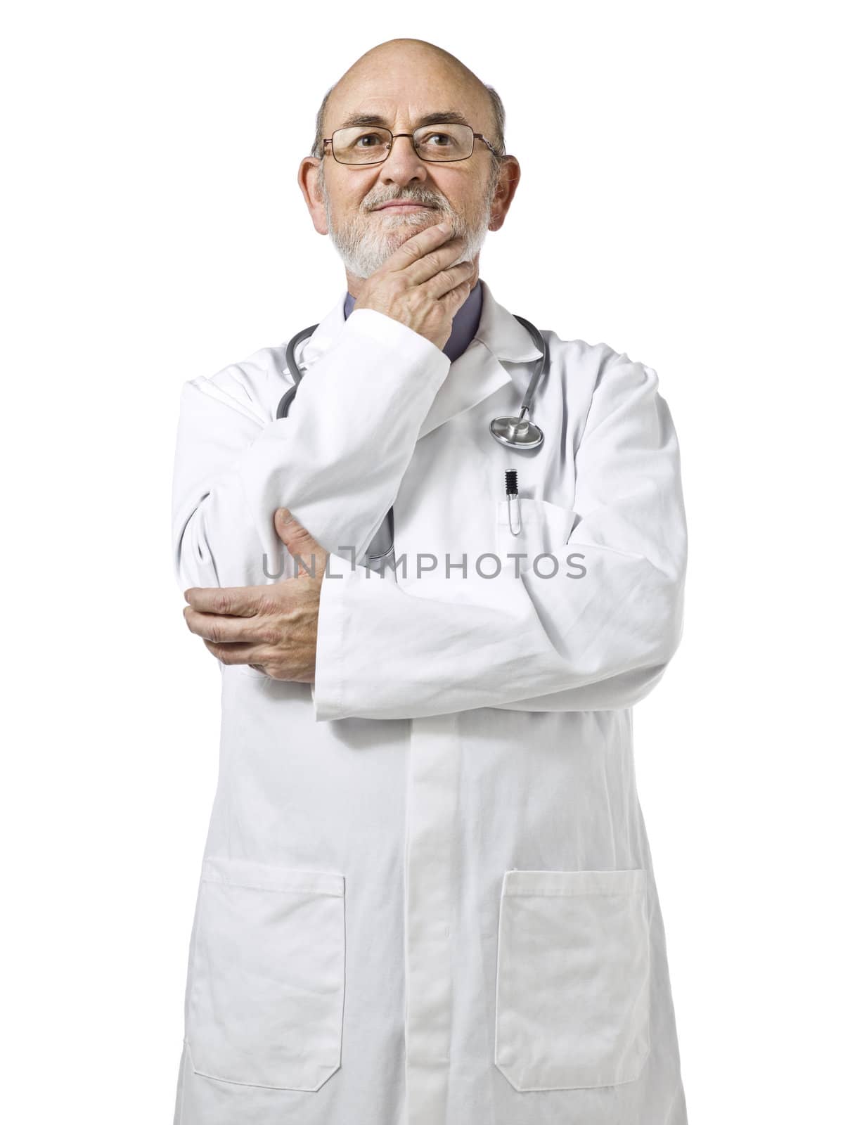 Close-up image of a male doctor wearing a lab coat with hand on the chin