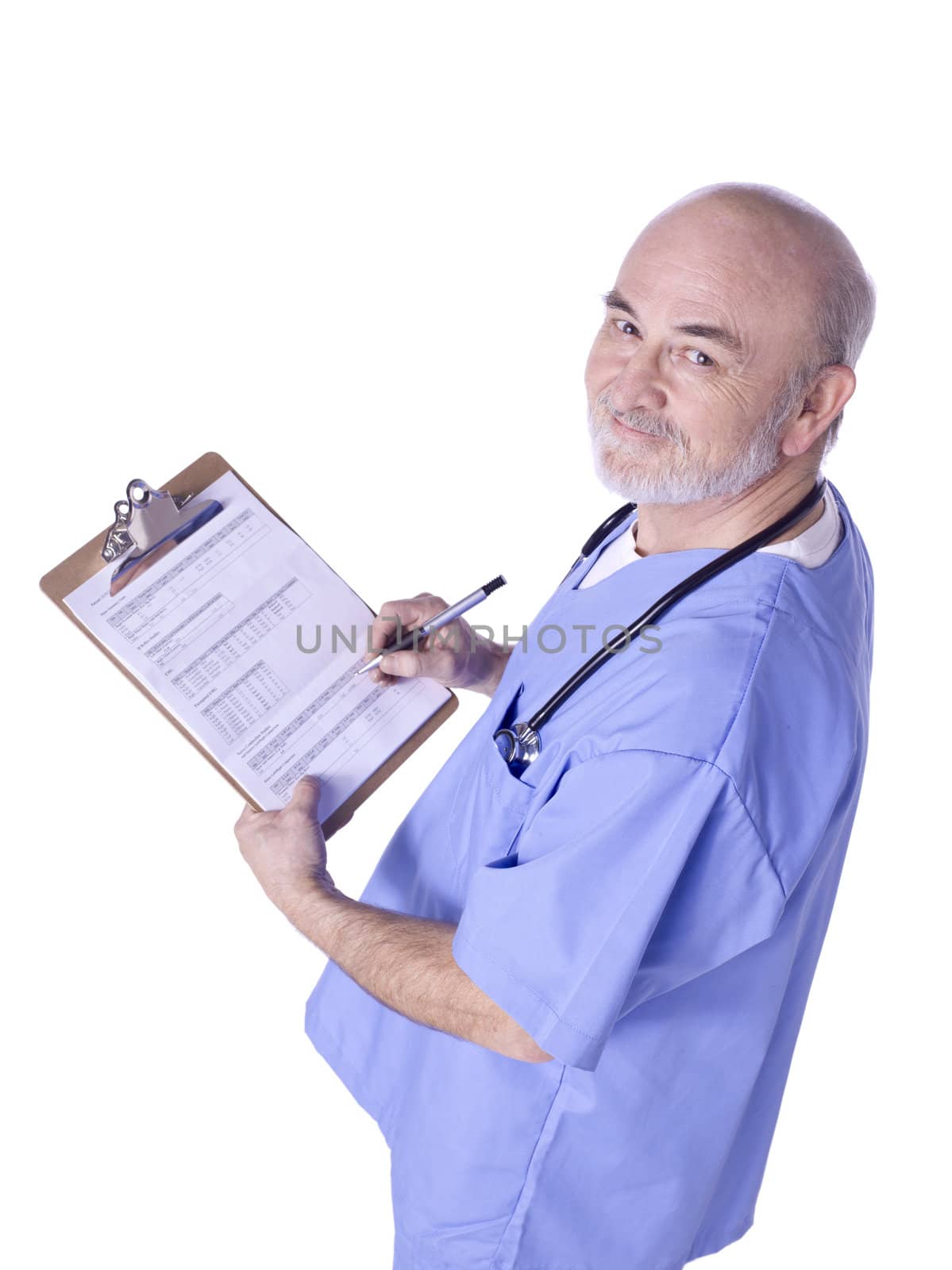 Image of old nurse smiling while holding his medical record board against white background