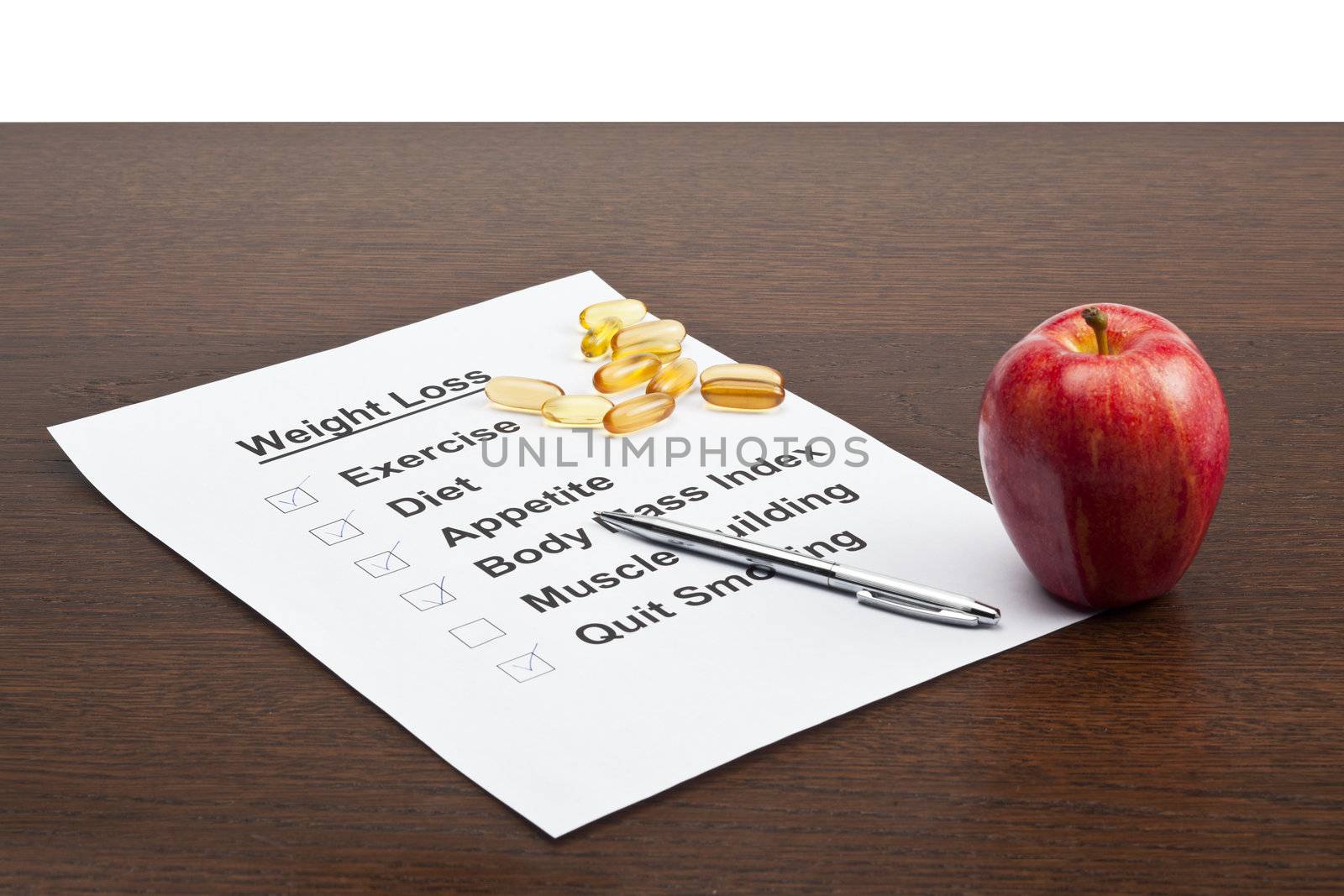 An illustration stating a diet plans with a pill and an apple on the side