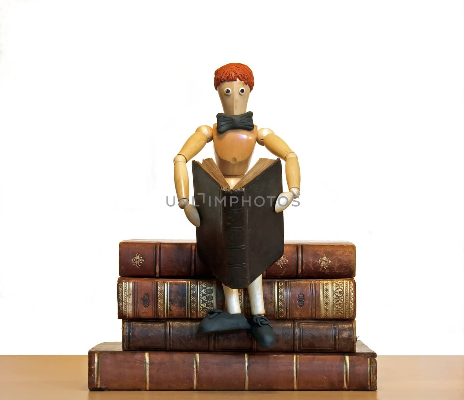 reader, wooden chap, sat on a pile of books by neko92vl