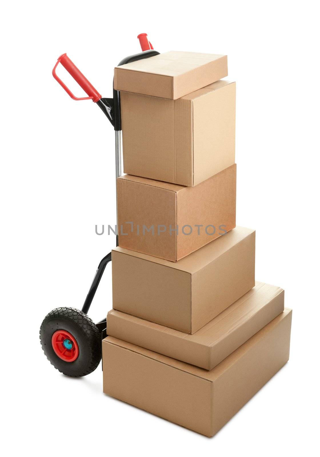 Large dolly with brown shipping boxes by AndreyPopov