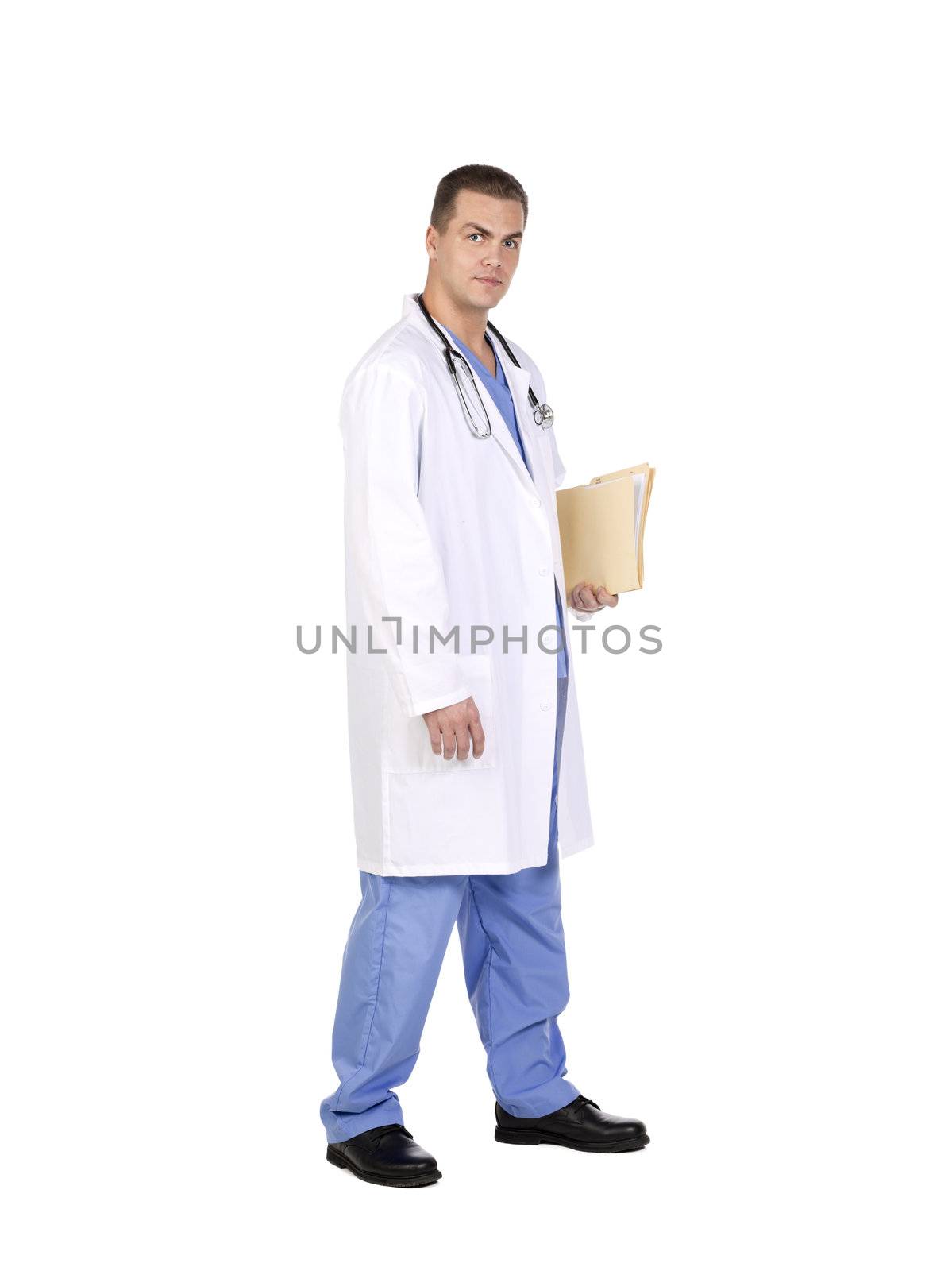 Professional doctor holding a clipboard and stethoscope in a side view image