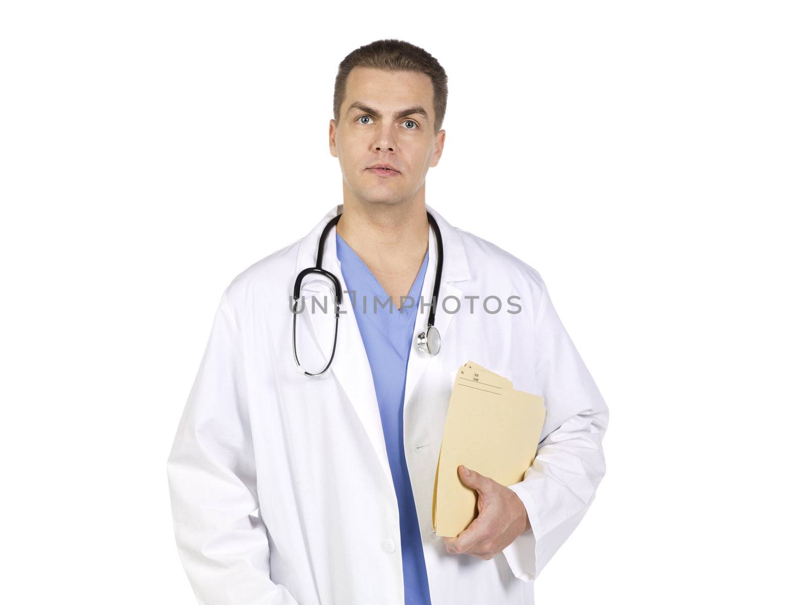 Professional healthcare holding a clipboard and staring