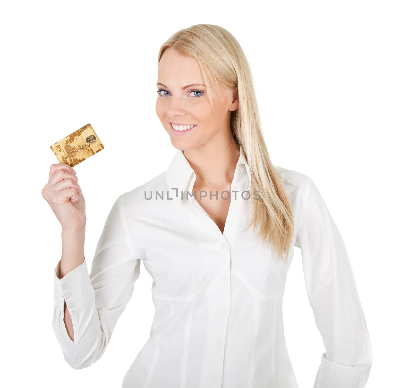 Businesswoman holding credit card. Isolated on white
