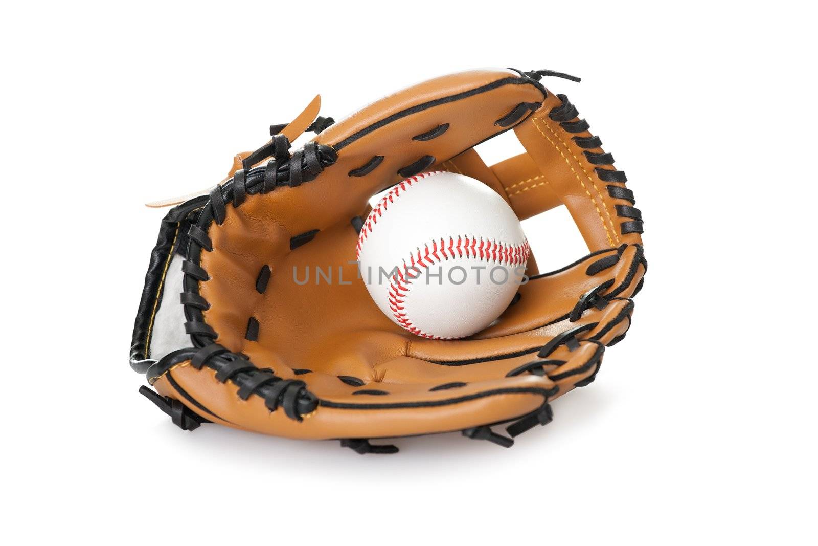 Image of baseball inside glove isolated on white background