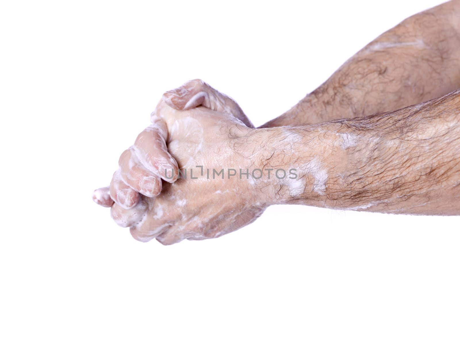 Close up image of a surgeon washing his hands isolated on