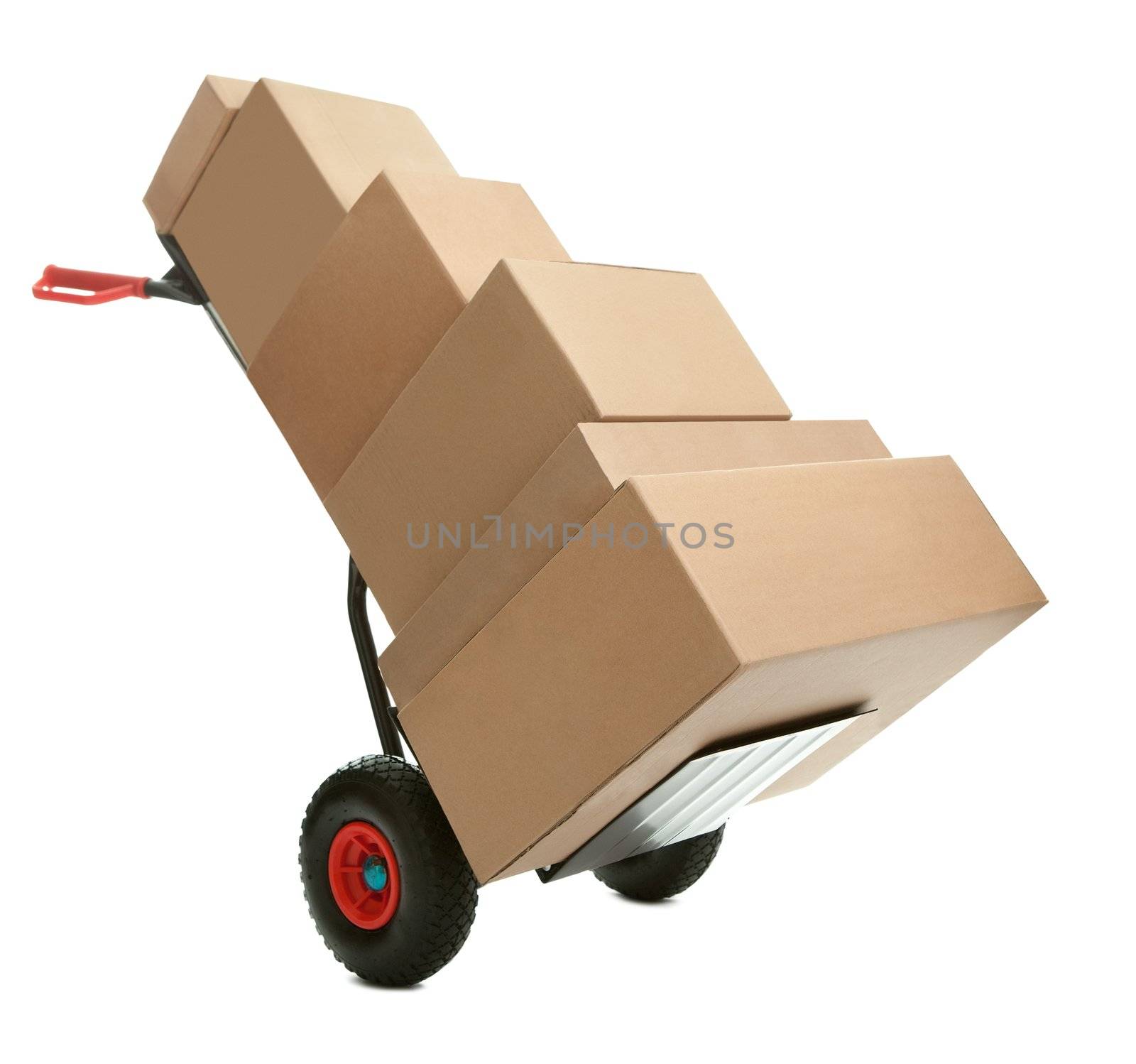 Hand truck with cardboard boxes on it ready for delivery over white background