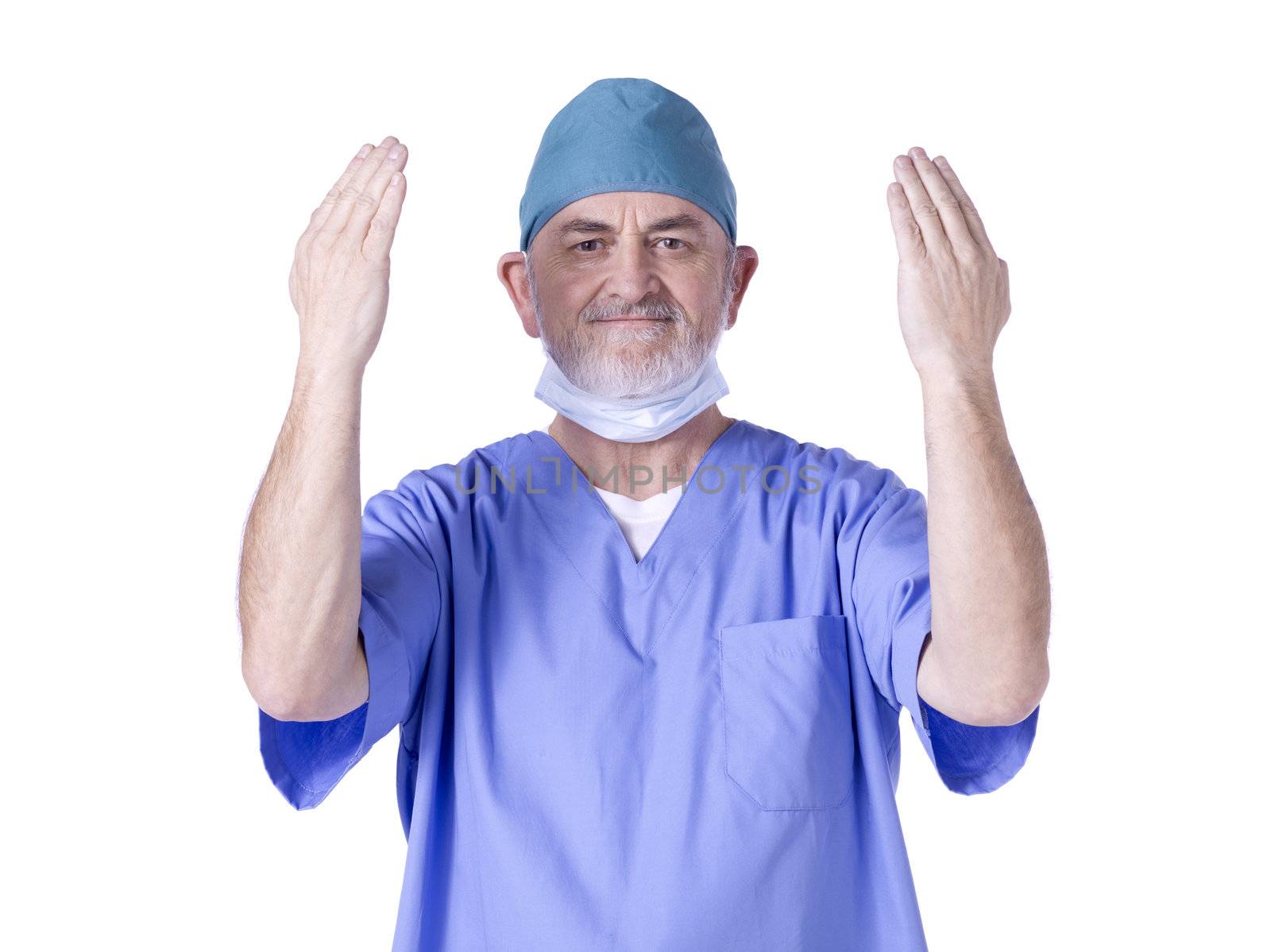 Horizontal image of a surgeon doctor showing his clean hands against white background