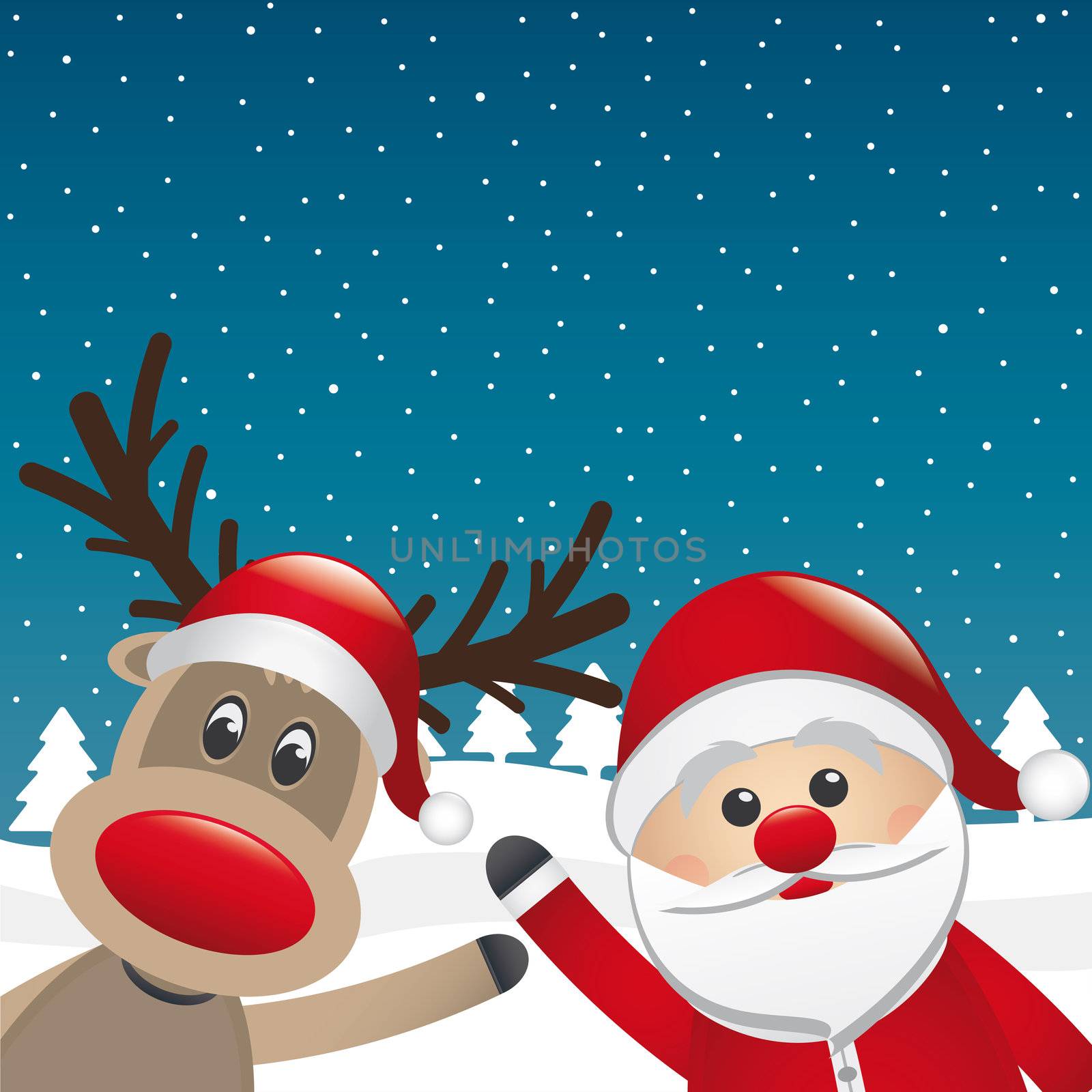 reindeer and santa claus wave winter landscape