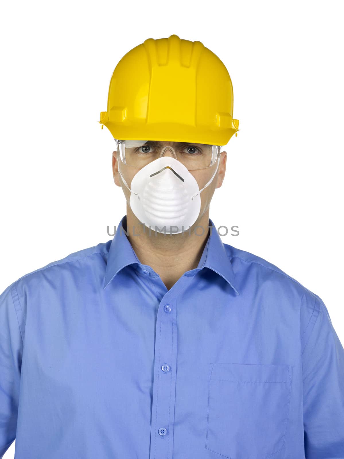 A young male construction worker wearing a protective gear on his face