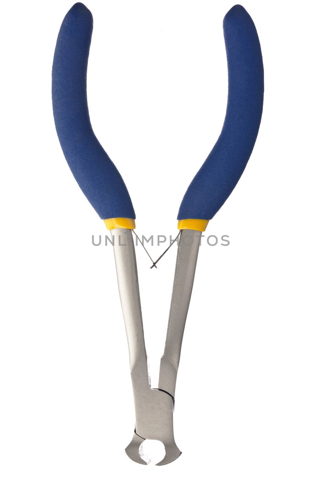 Detailed shot of wire cutter with blue plastic handle isolated on white background.