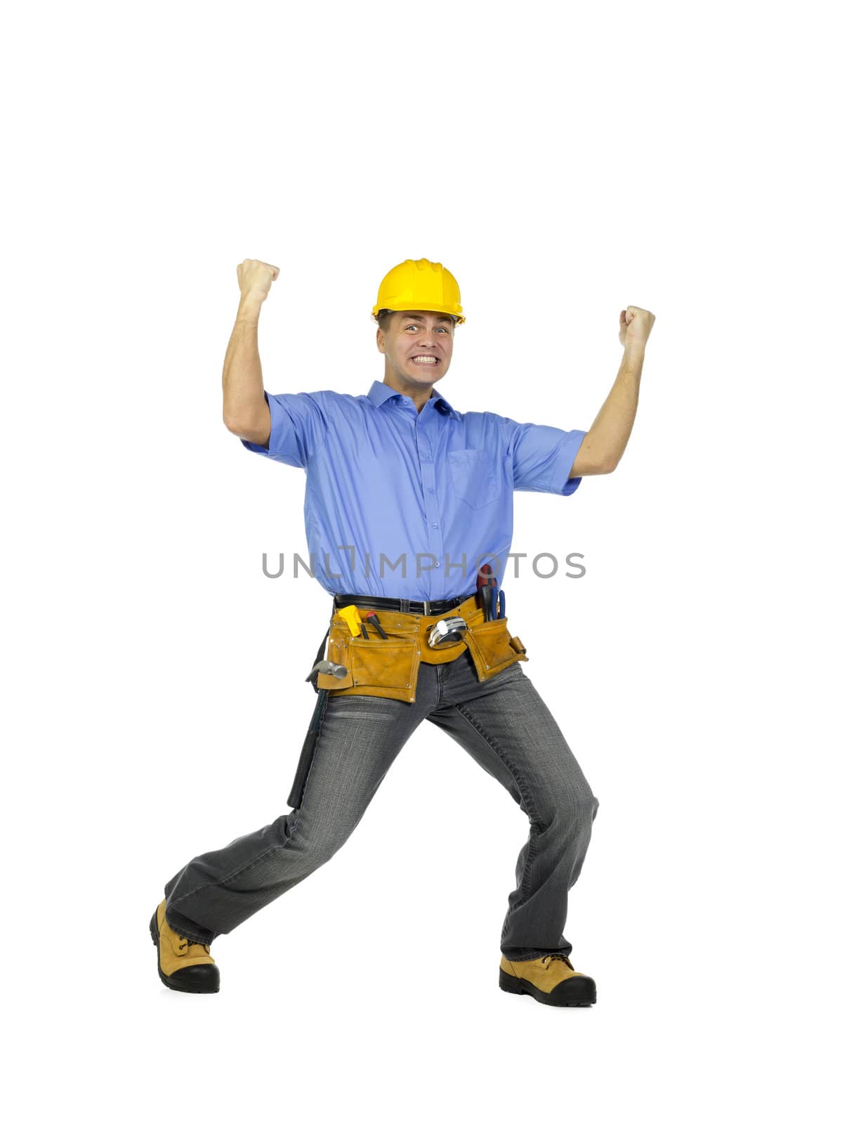 Portrait of successful architect cheering over white background