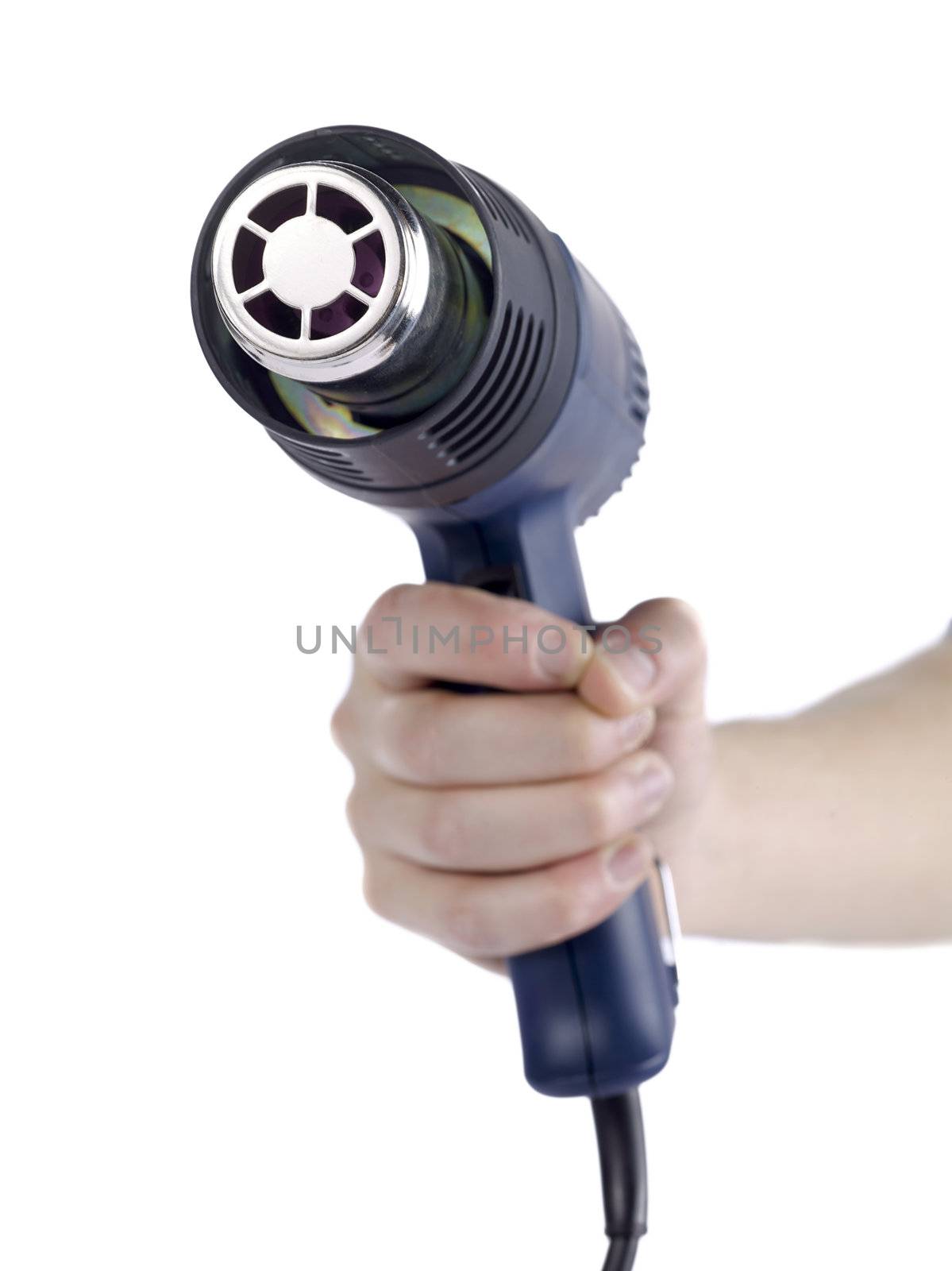 Cropped image of a hand holding an electric heat gun isolated in a white background