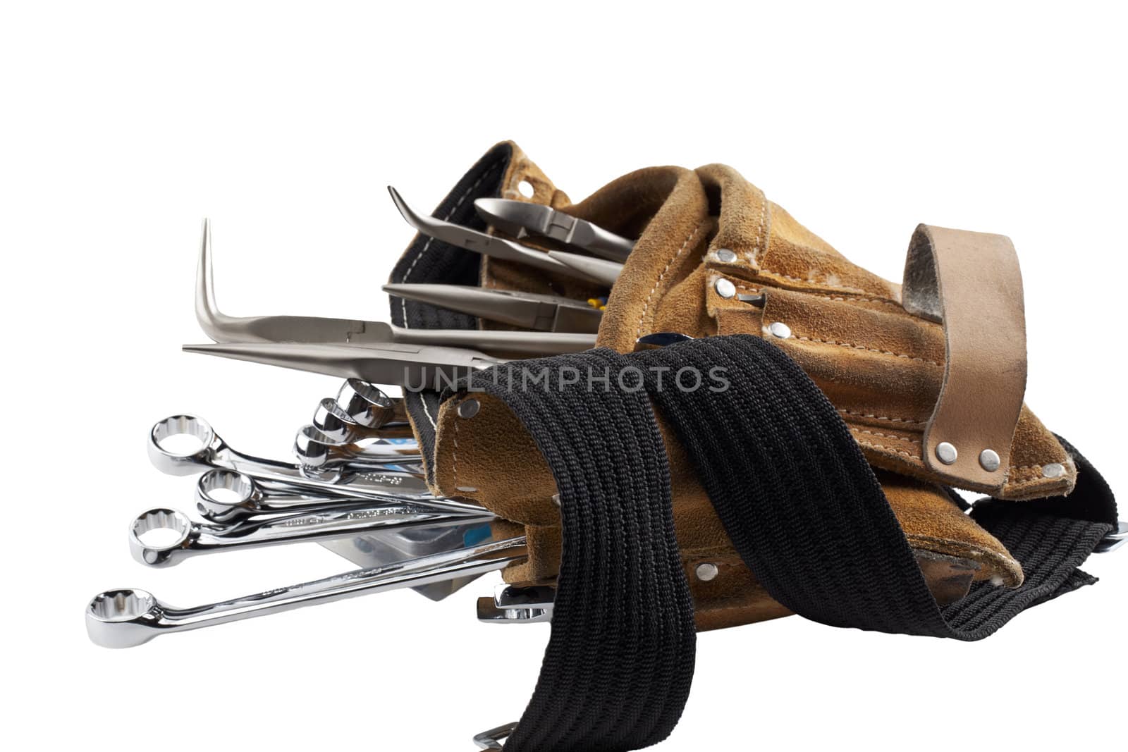 Image of tool belt with assorted tools isolated on white background