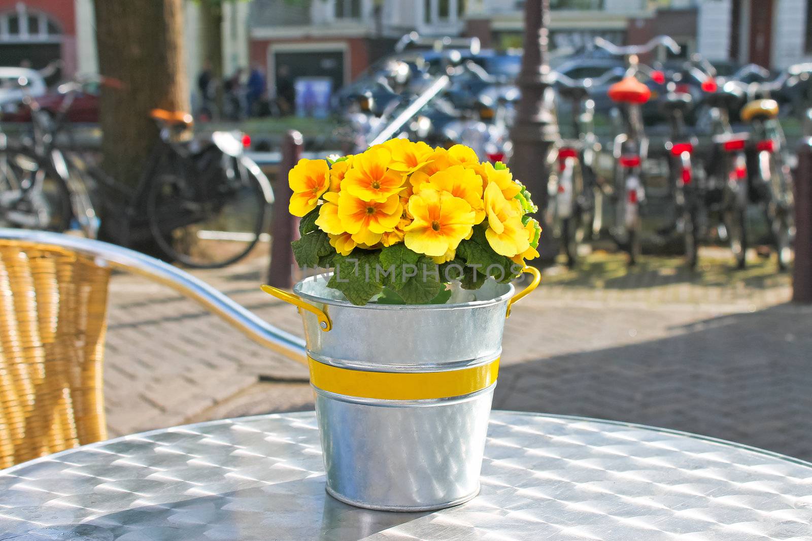 Flowers on a table in street cafe in Amsterdam. Netherlands by NickNick