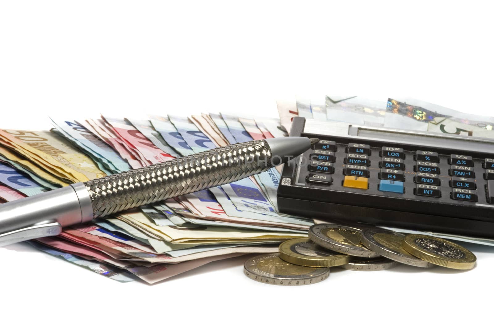 financial calculator with pencil and euro money paper
