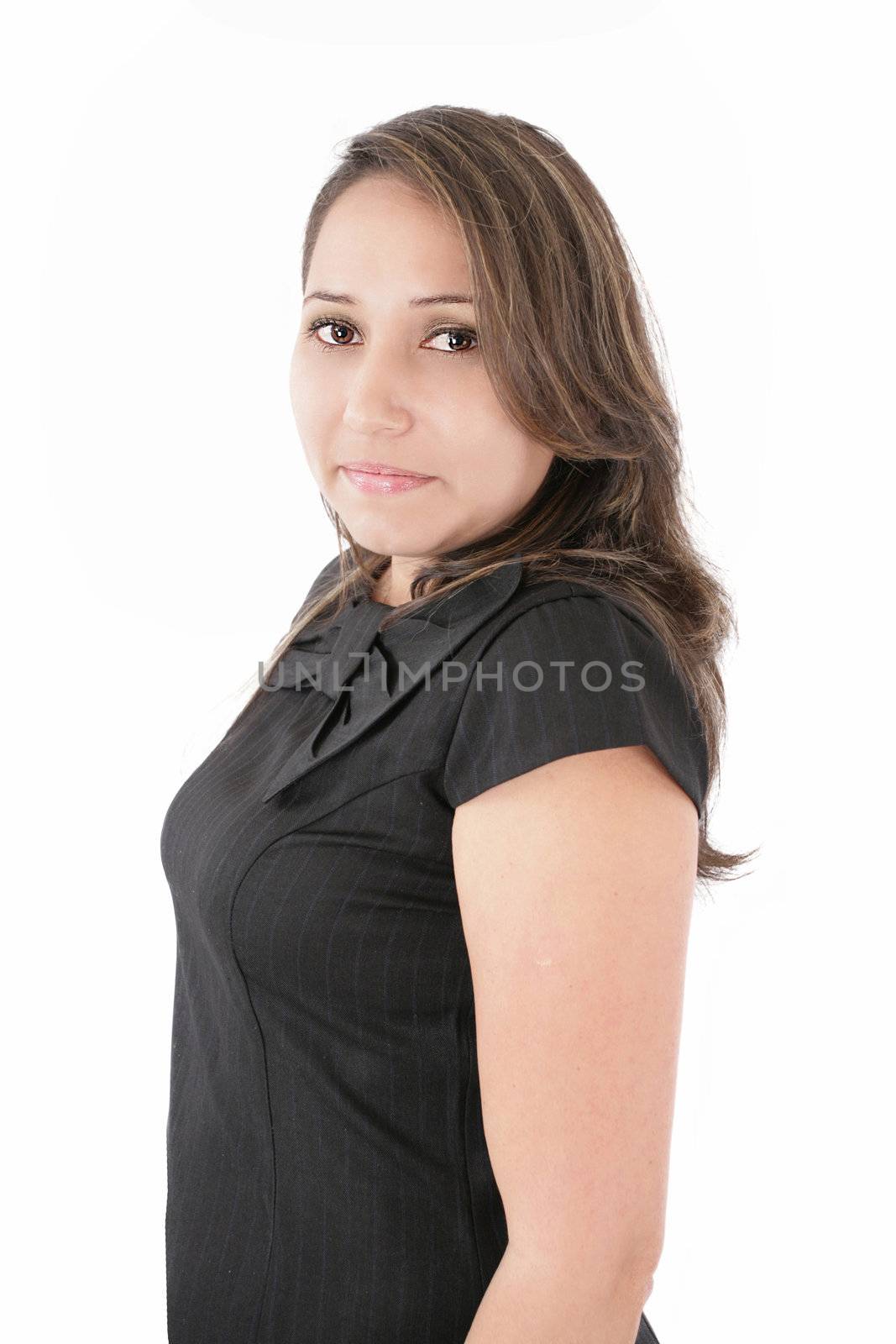 Portrait of a happy middle aged woman smiling against white background