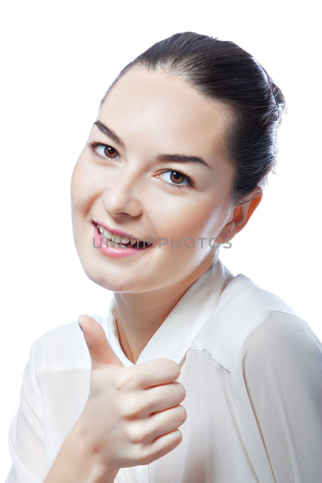 happy woman shows her finger up isolated on white background.