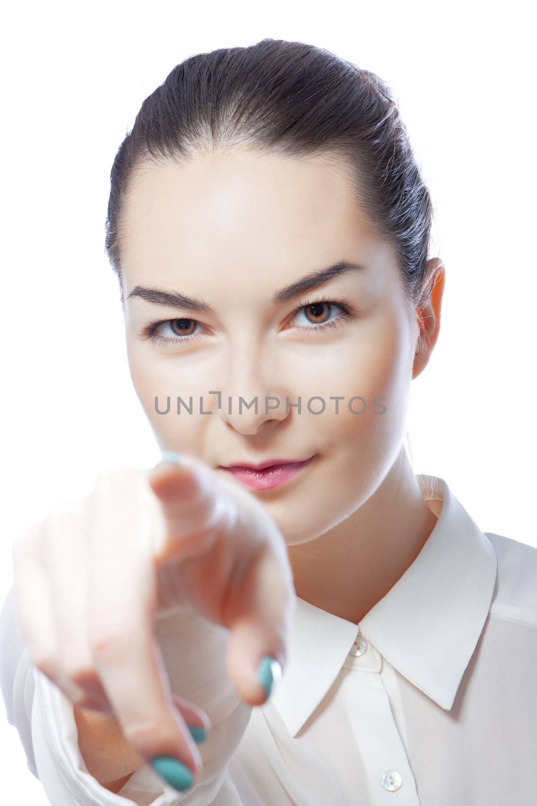 woman shows finger isolated on white background.