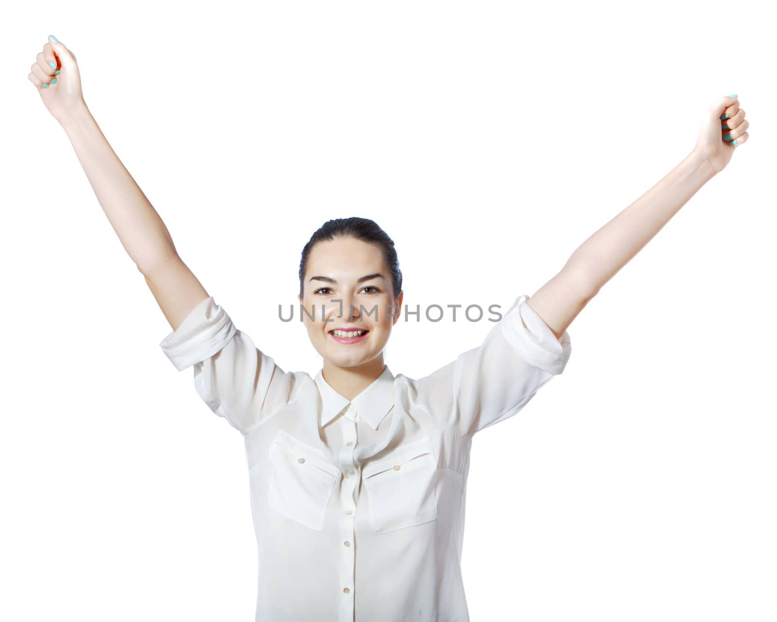 happy woman with raised arms isolated on white background.