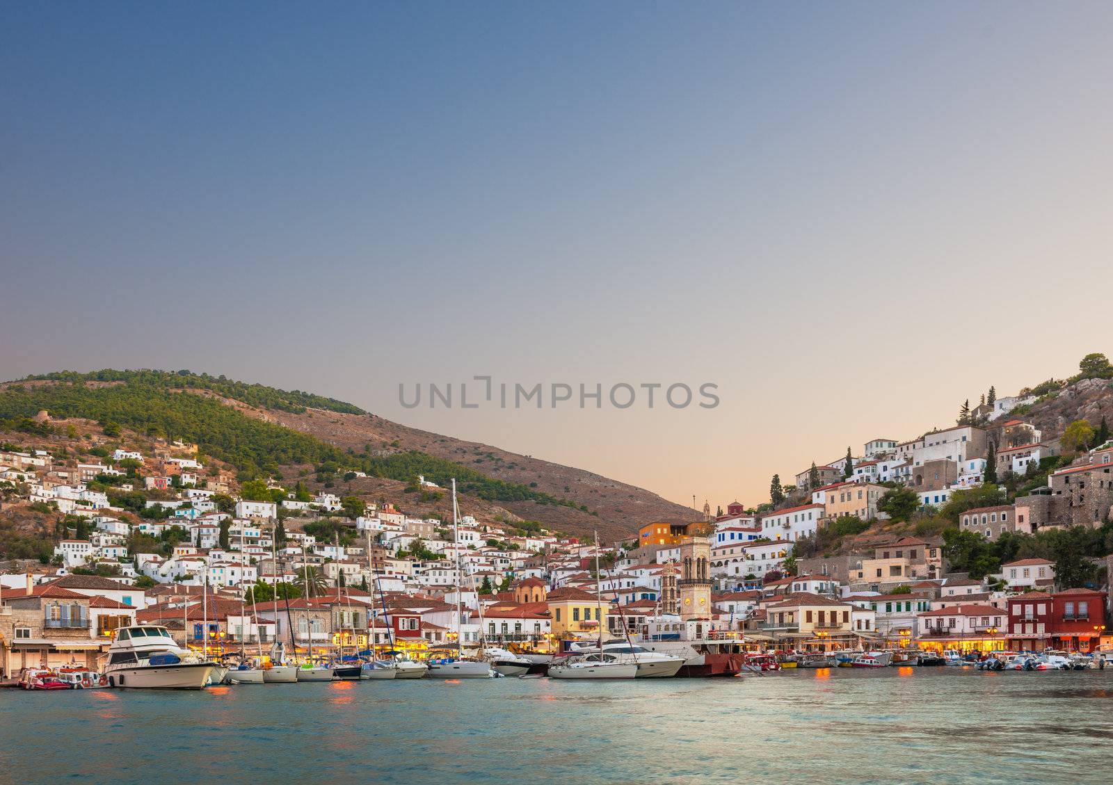 Early evening view of the main town on the island of Hydra, Greece