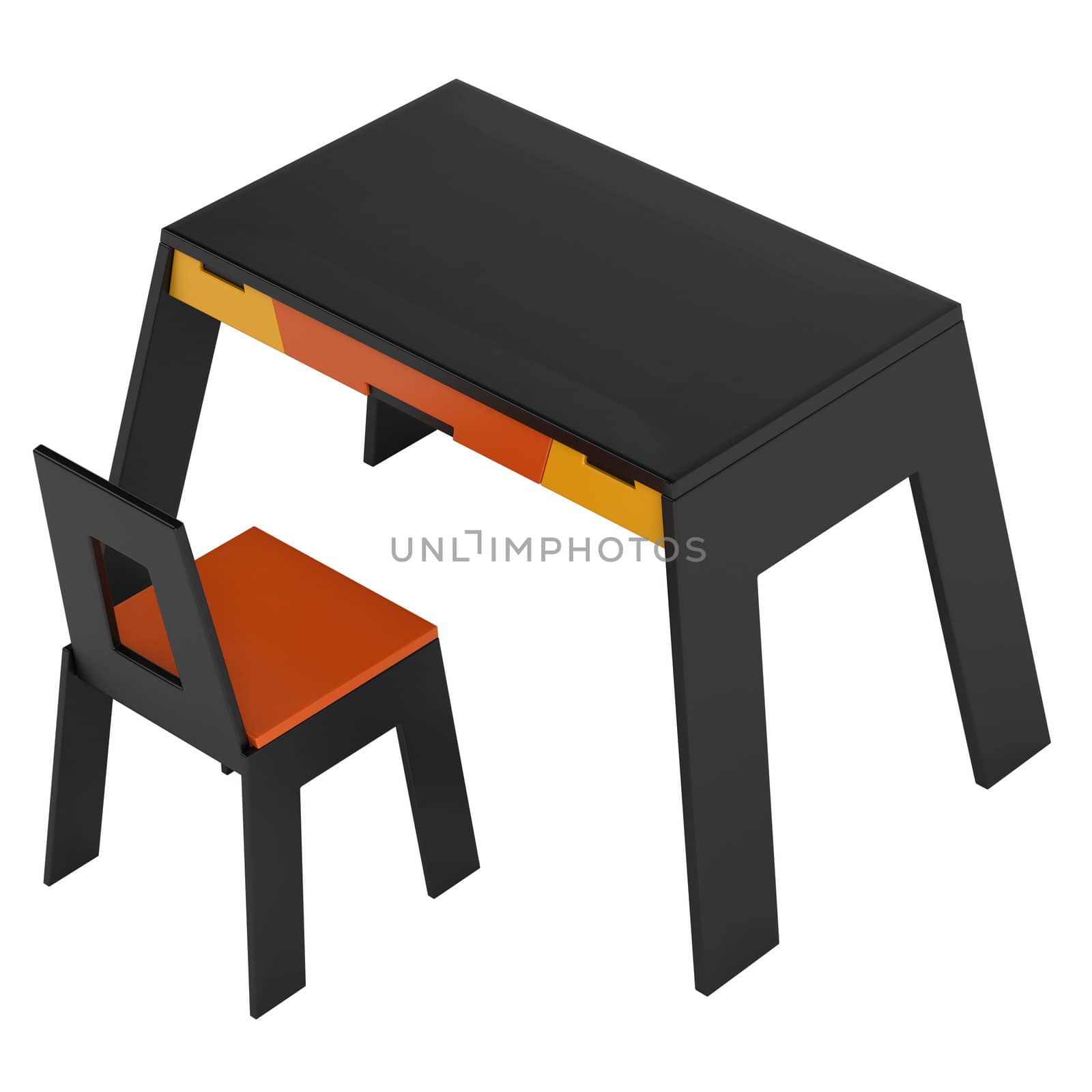 Matching black modern table and chair with orange and yellow decoration isolated on a white background