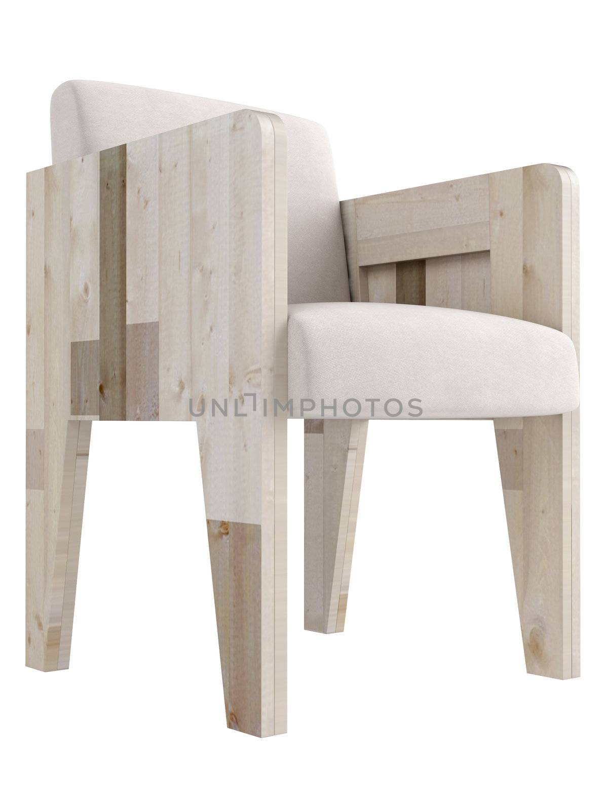 Modern wooden framed armchair with upholstered cushions isolated on a white background