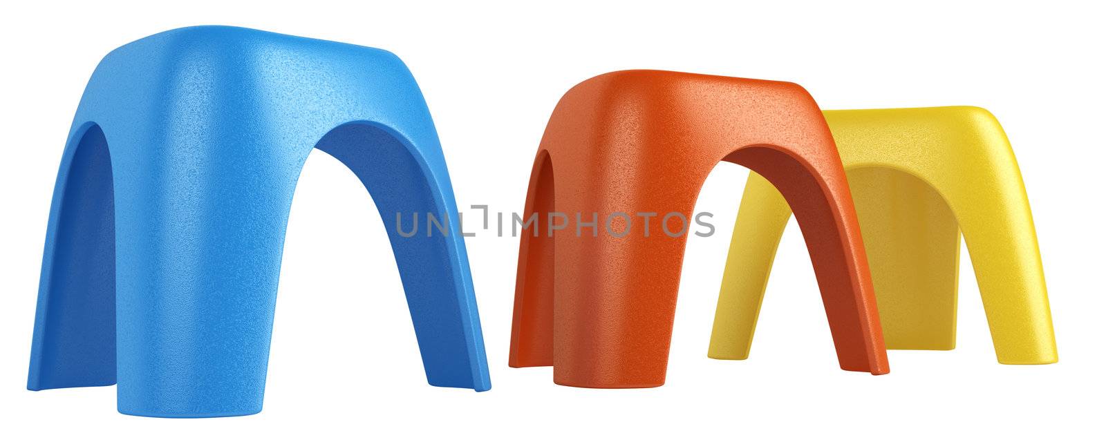 Three colourful modern modular stools in red, blue and yellow in a row with diminishing perspective isolated on a white background