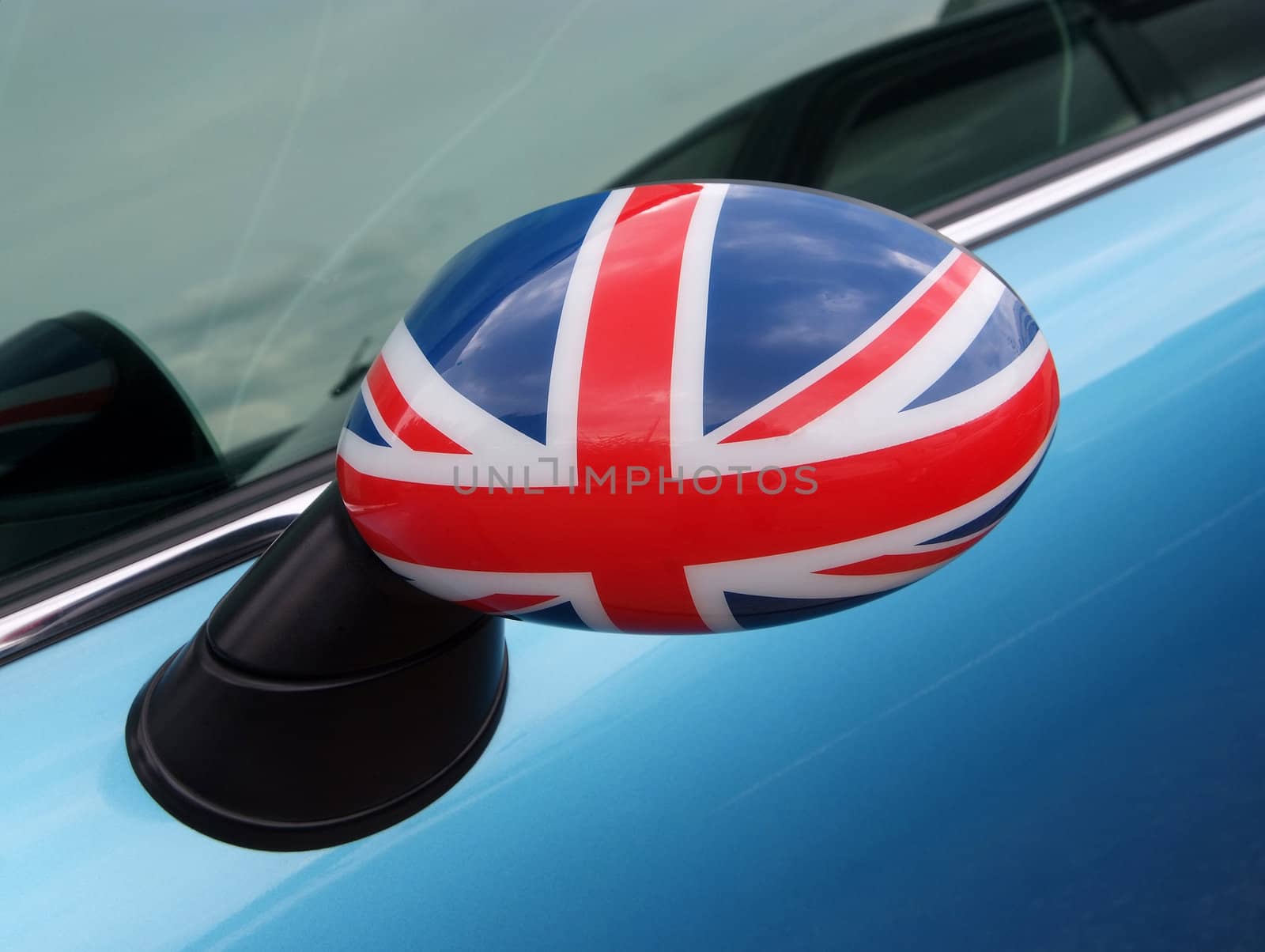 British flag on the car side mirror