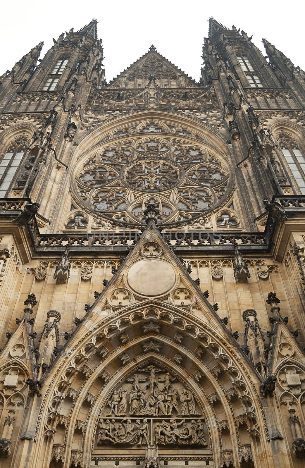 The facade of St. Vitus Cathedral in Prague with  its rose window