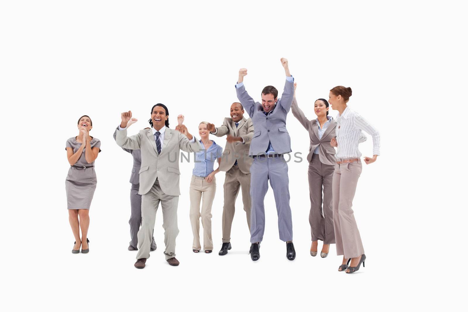 Very enthusiast people jumping and raising their arms against white background
