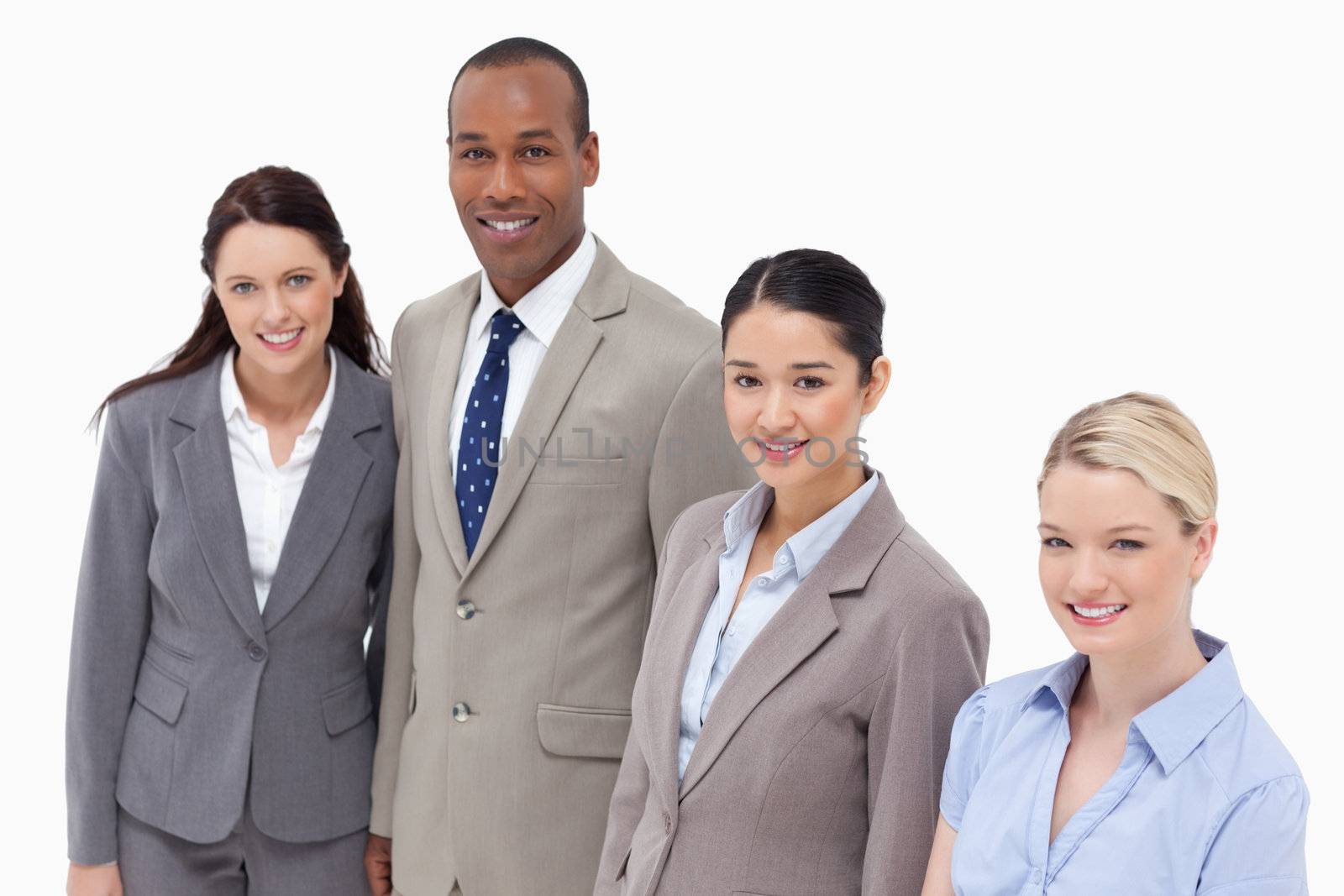 High angle shot of business people smiling against white background