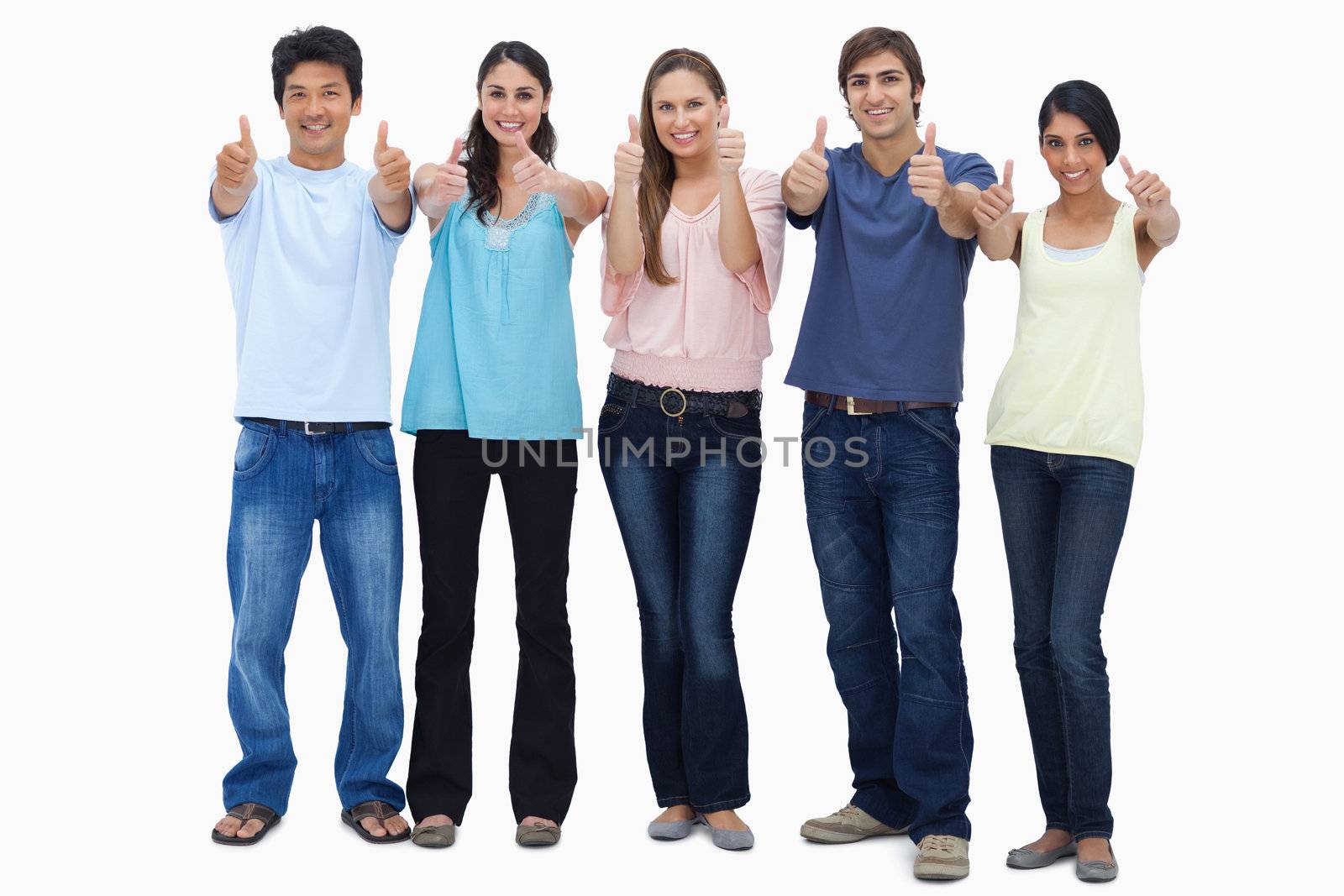Customers approving with their thumbs-up against white background
