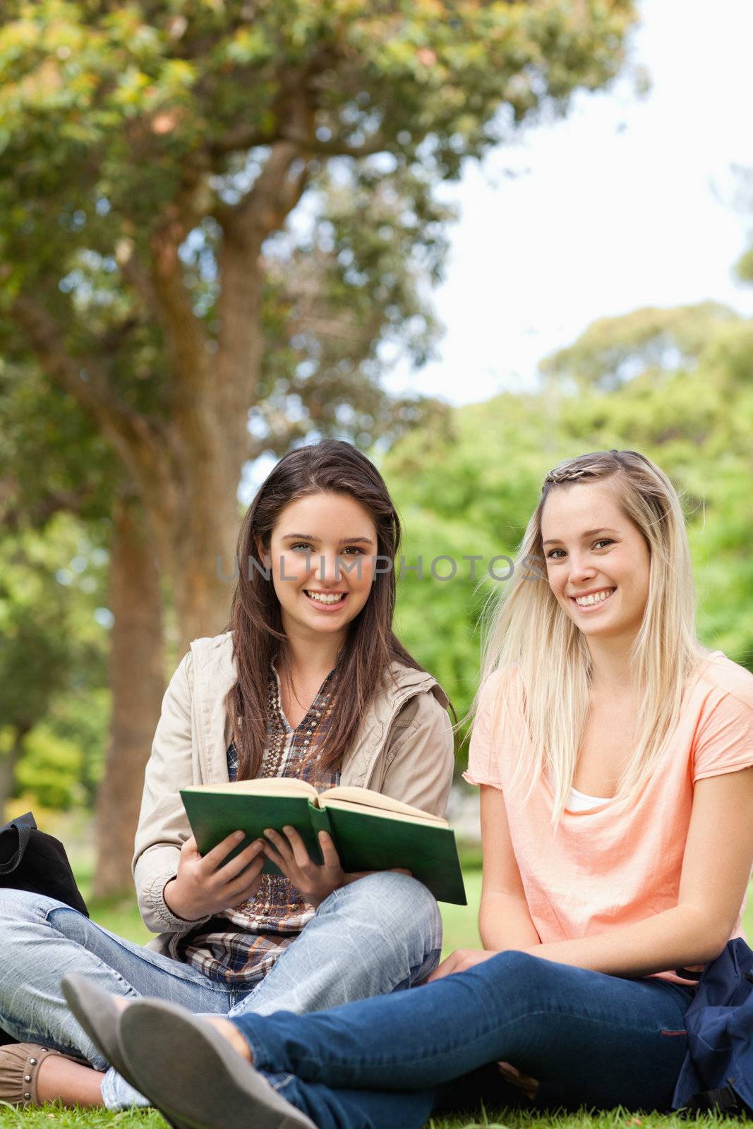 Cute teenagers sitting while studying with a textbook in a park