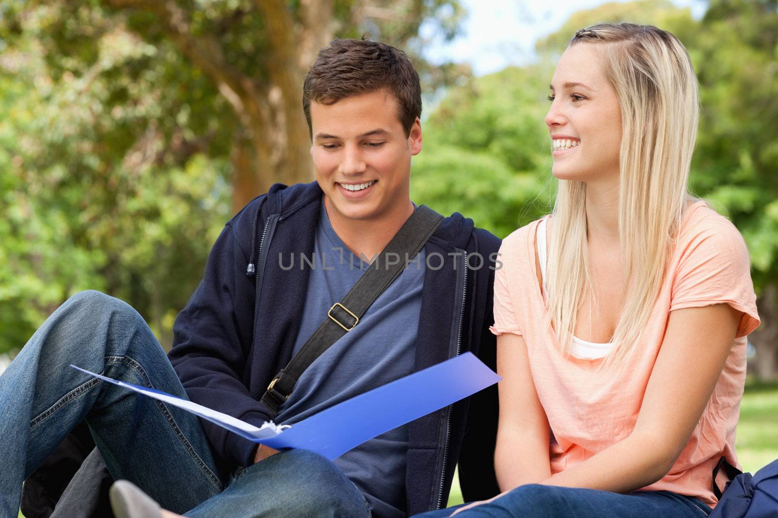 Smiling tutor helping a teenager to revise in a park