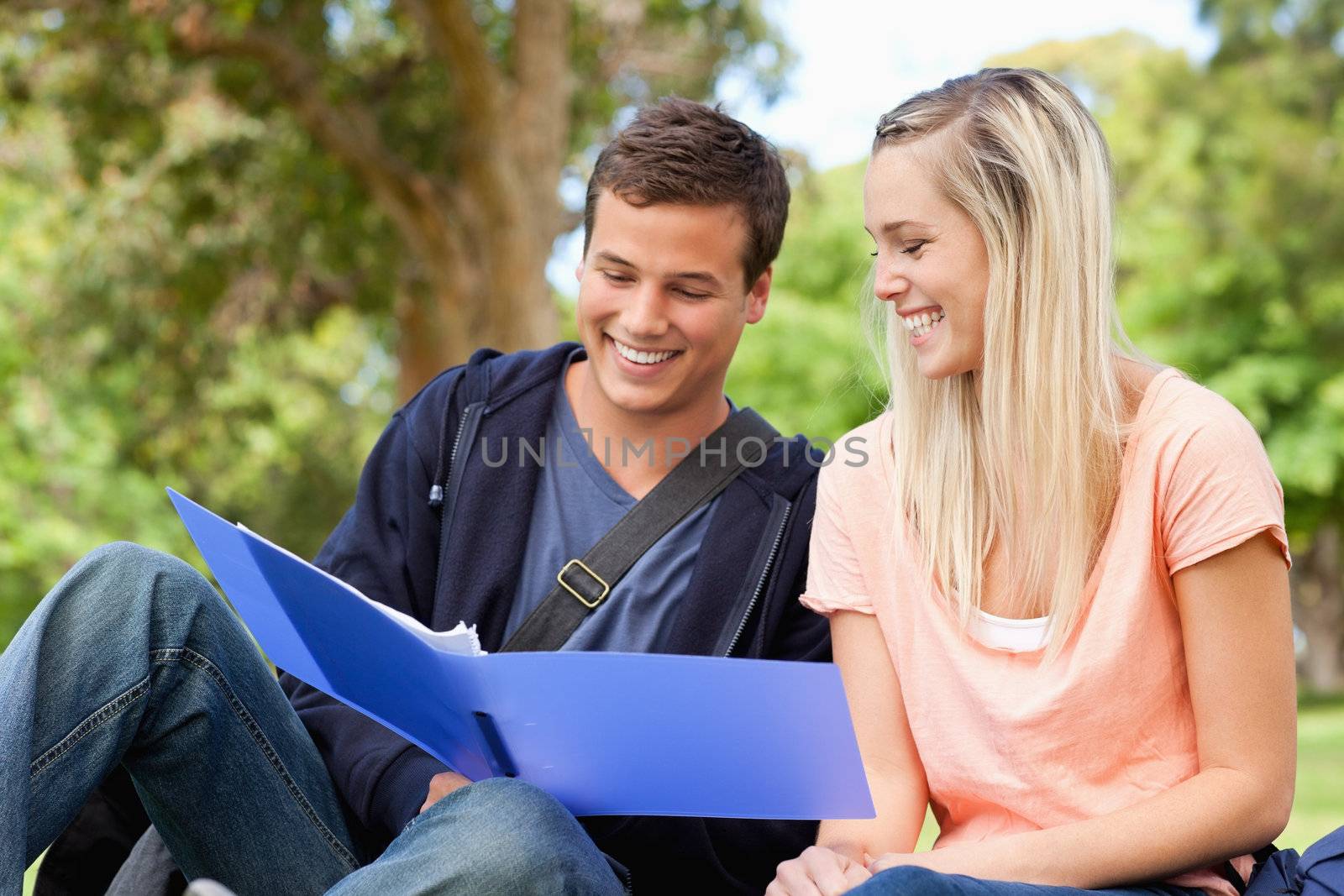 Close-up of a smiling tutor helping a teenager to revise in a park