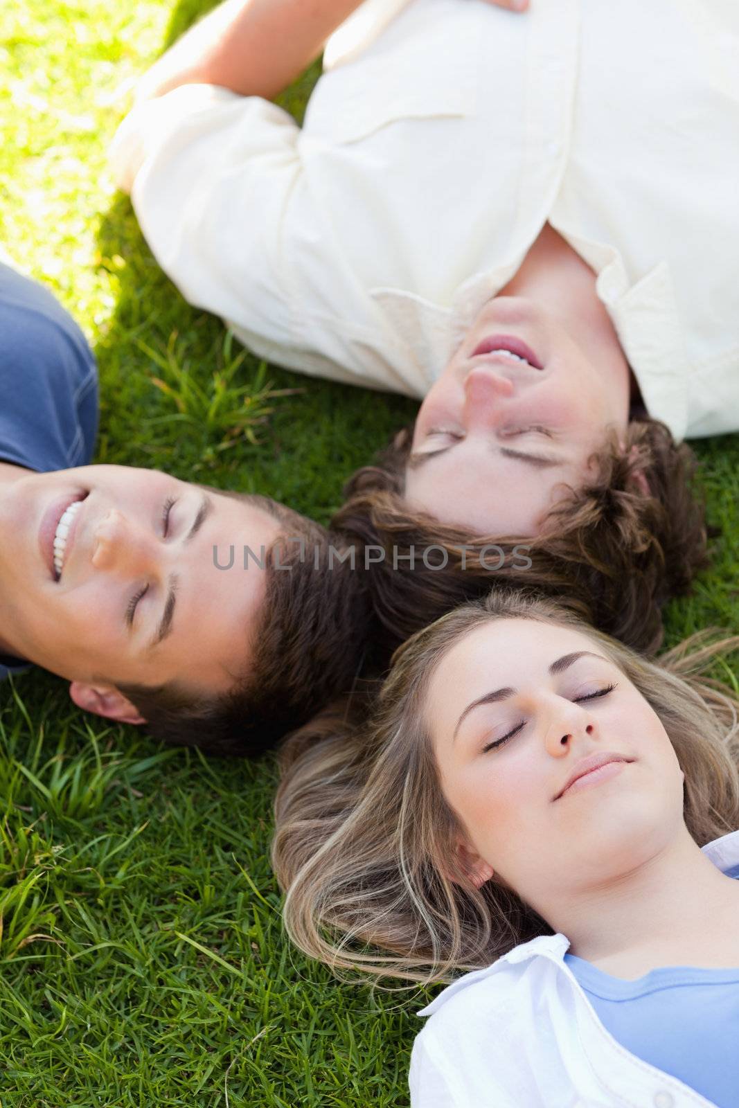 Three happy students resting together in the grass