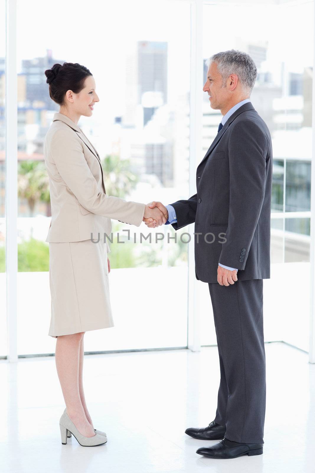 Business people warmly shaking hands while looking at each other by Wavebreakmedia