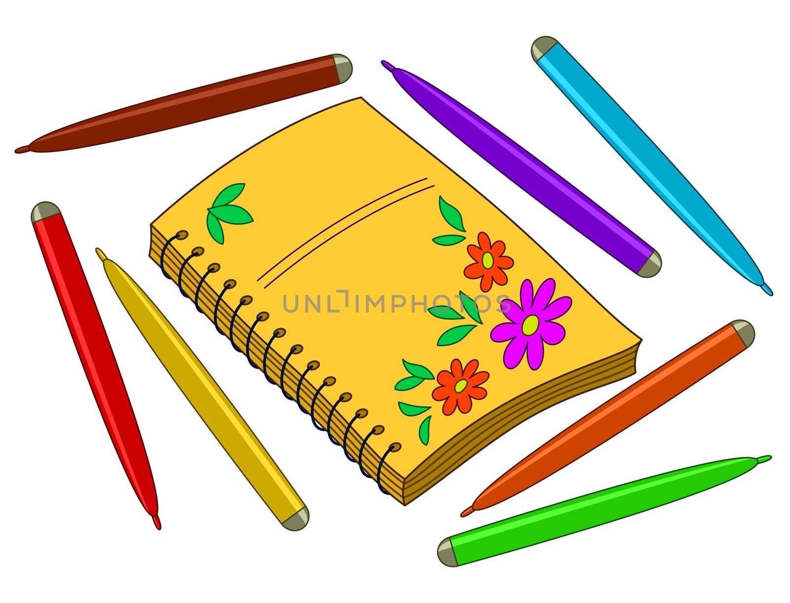 Notebook with flower pattern on cover and felt-tip pens