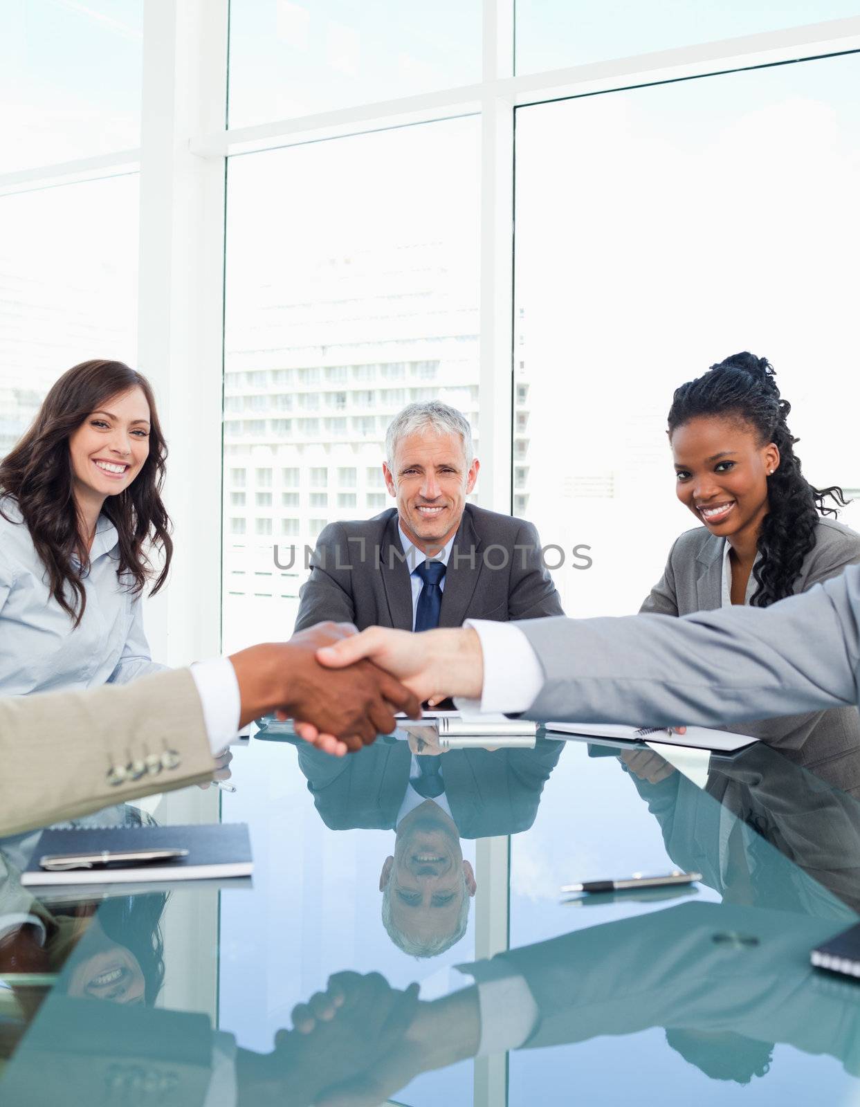Smiling businesswomen in a meeting looking at co-workers shaking hands