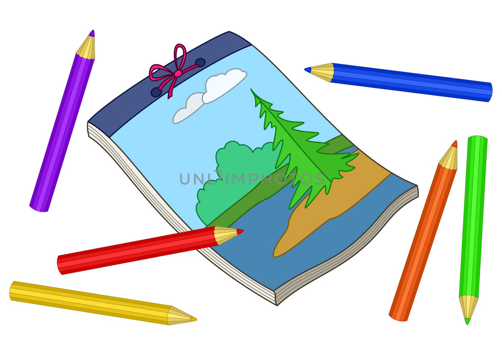Colour pencils and notebook with landscape. Set of drawing accessories