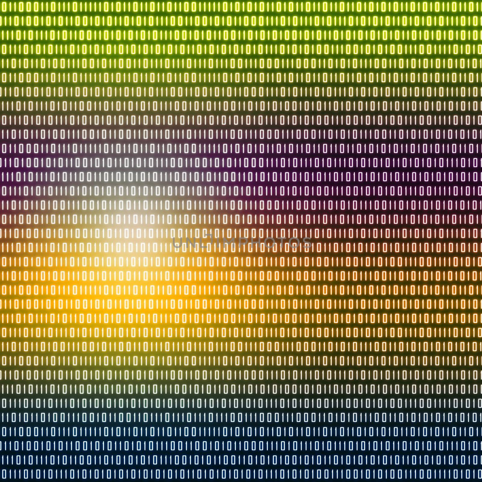 Multicolored binary code written against a black background