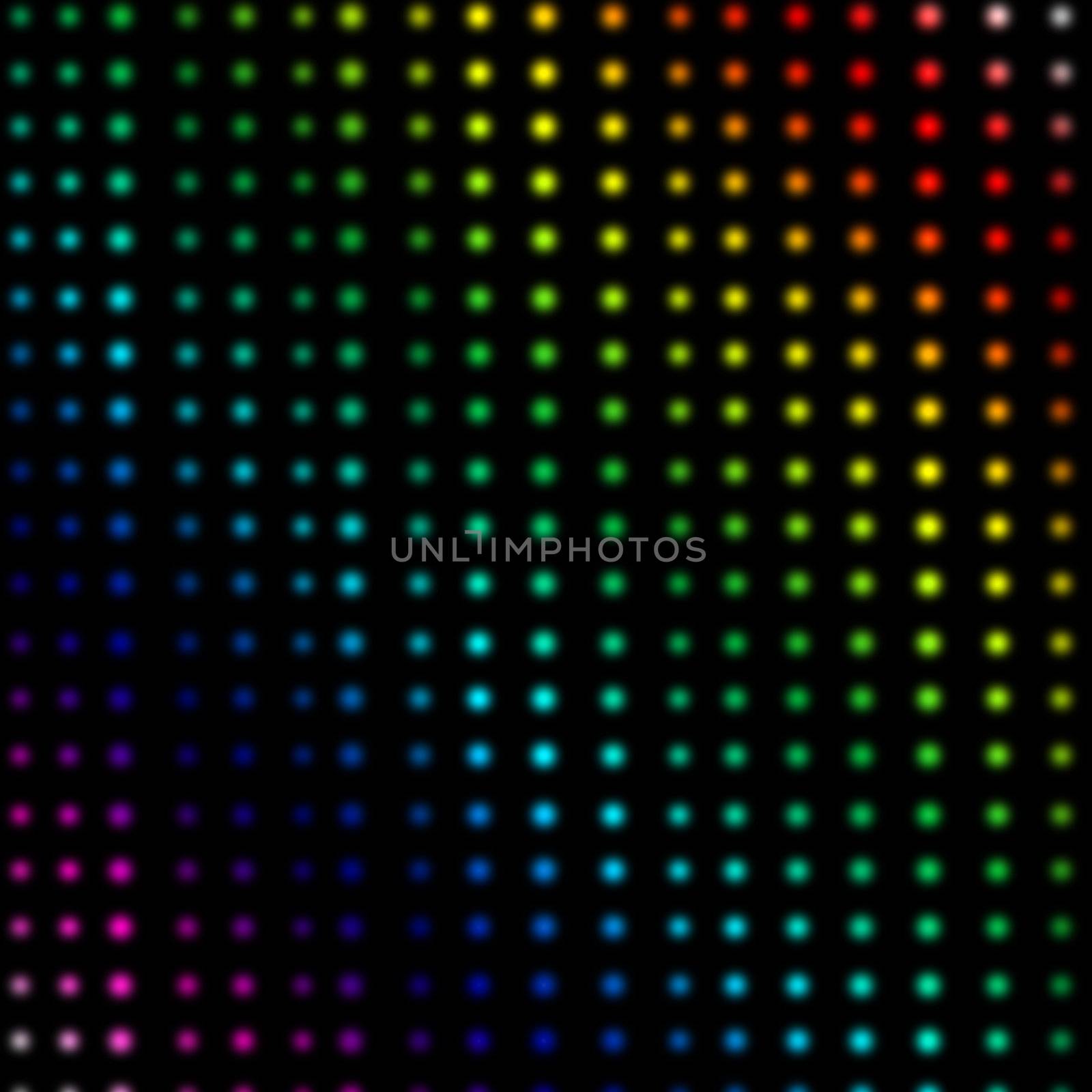 Multicolored dots forming lines against a black background