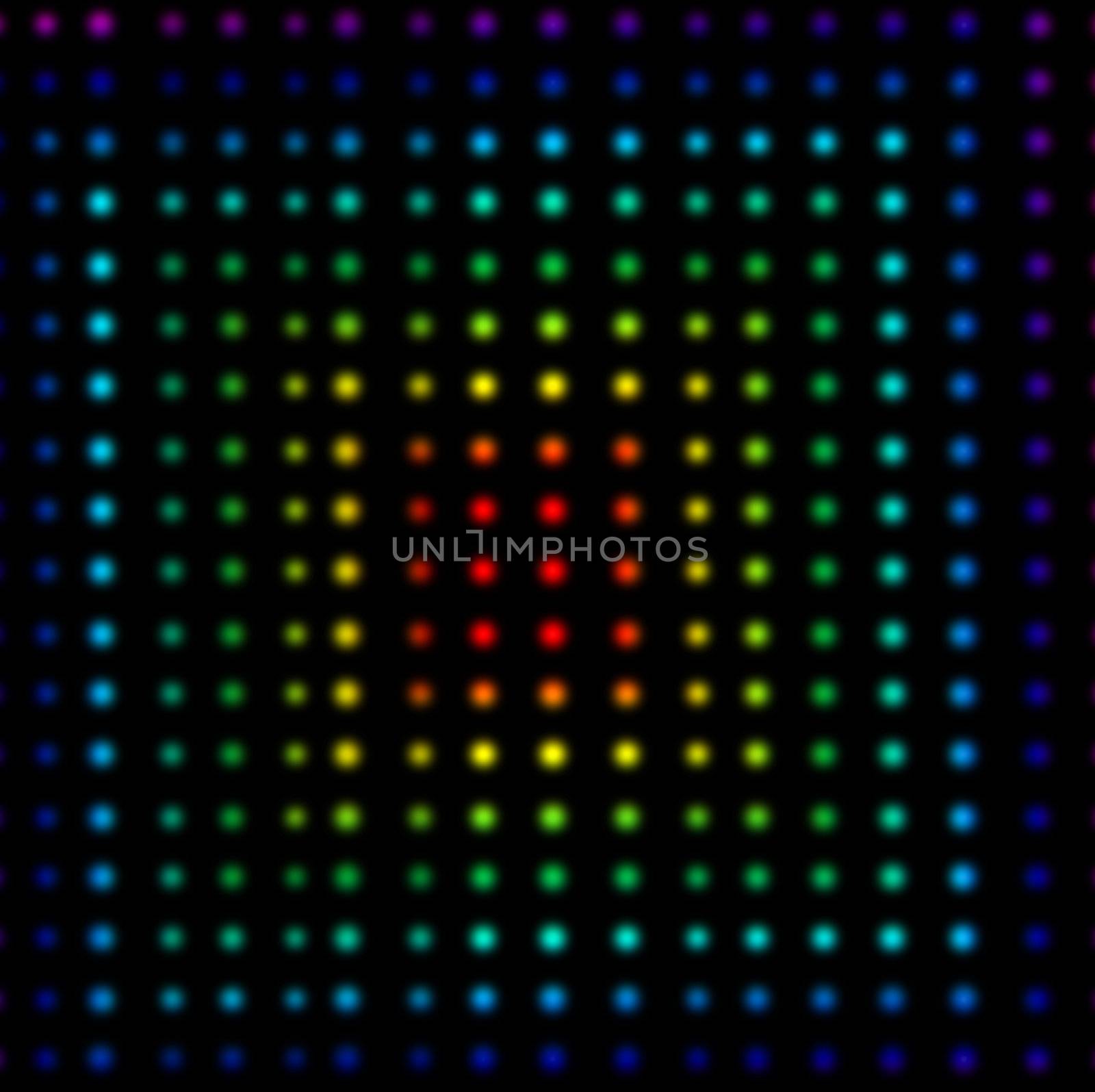 Multicolored dots forming squares against a black background