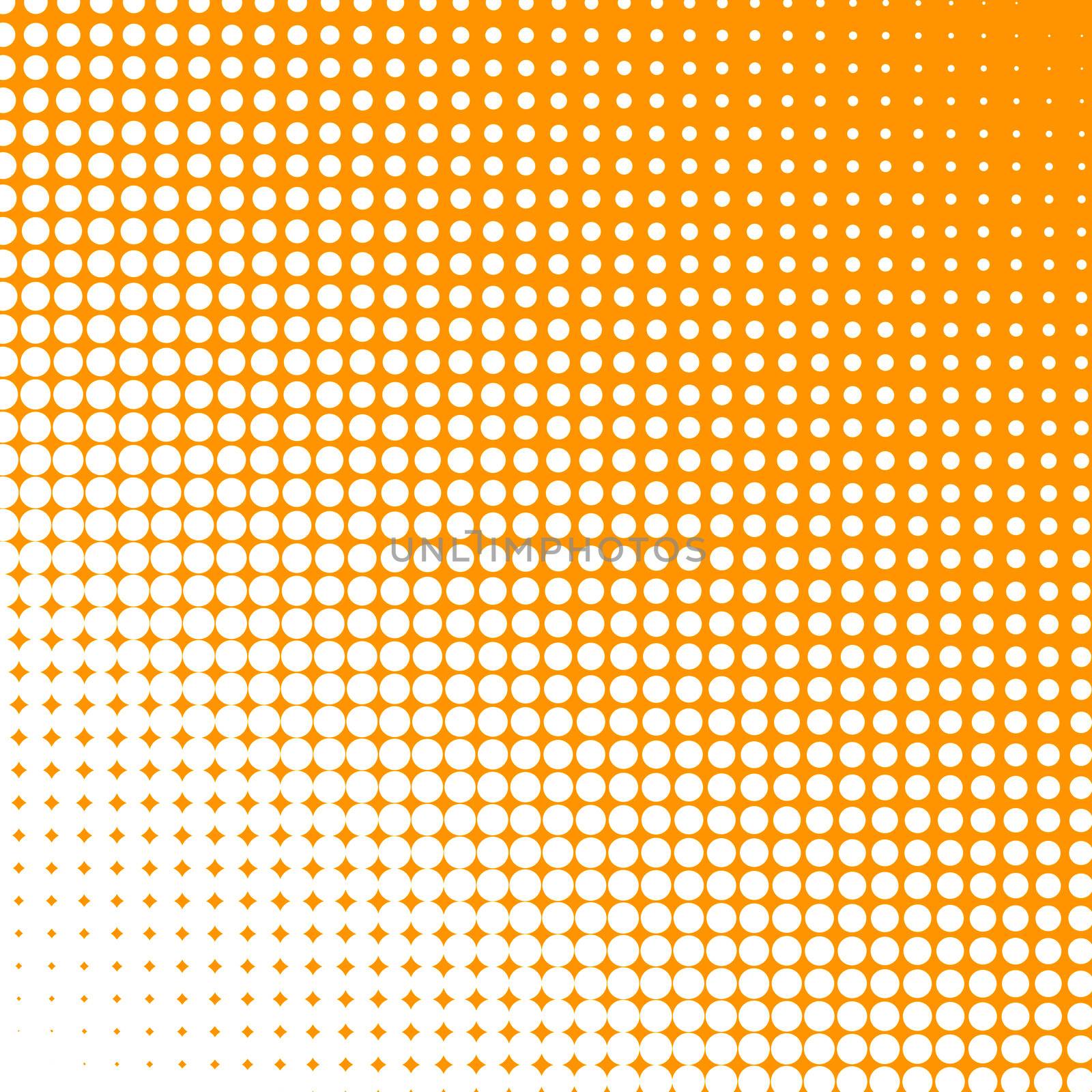 White dots changing form against an orange background