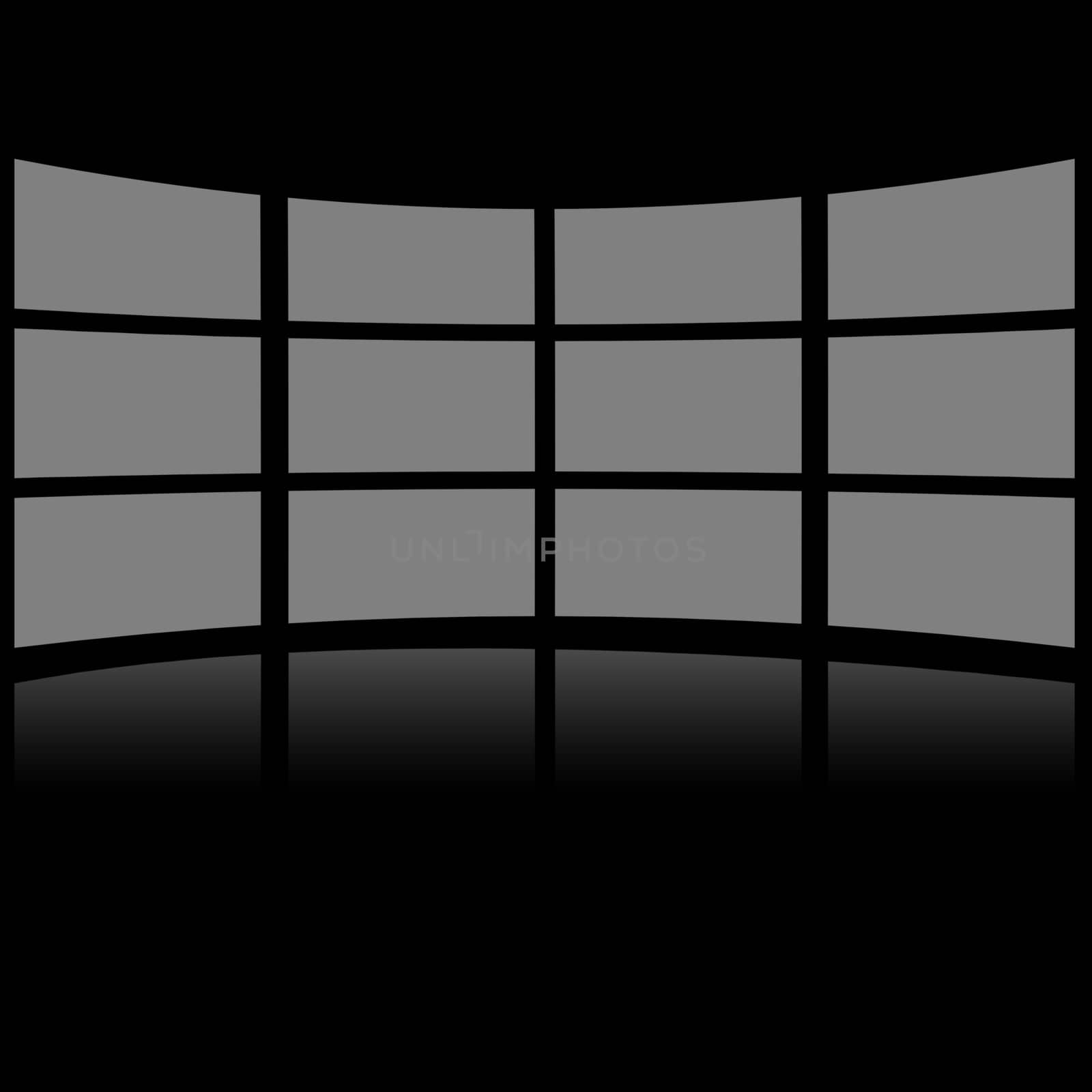 Grey screens placed in lines against a black background