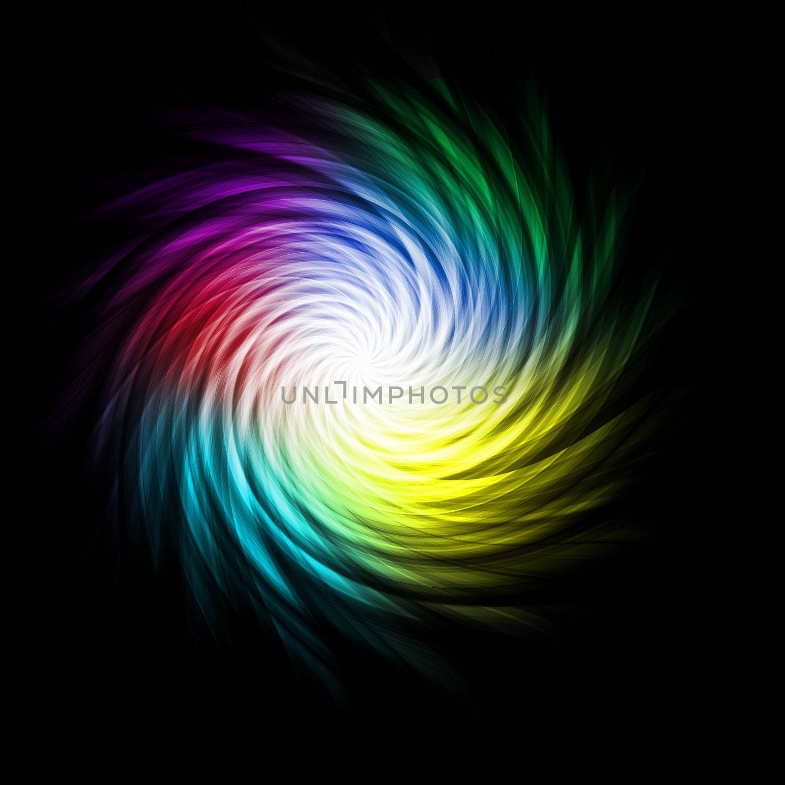 Bright multicolored curves making a spiral against a black background