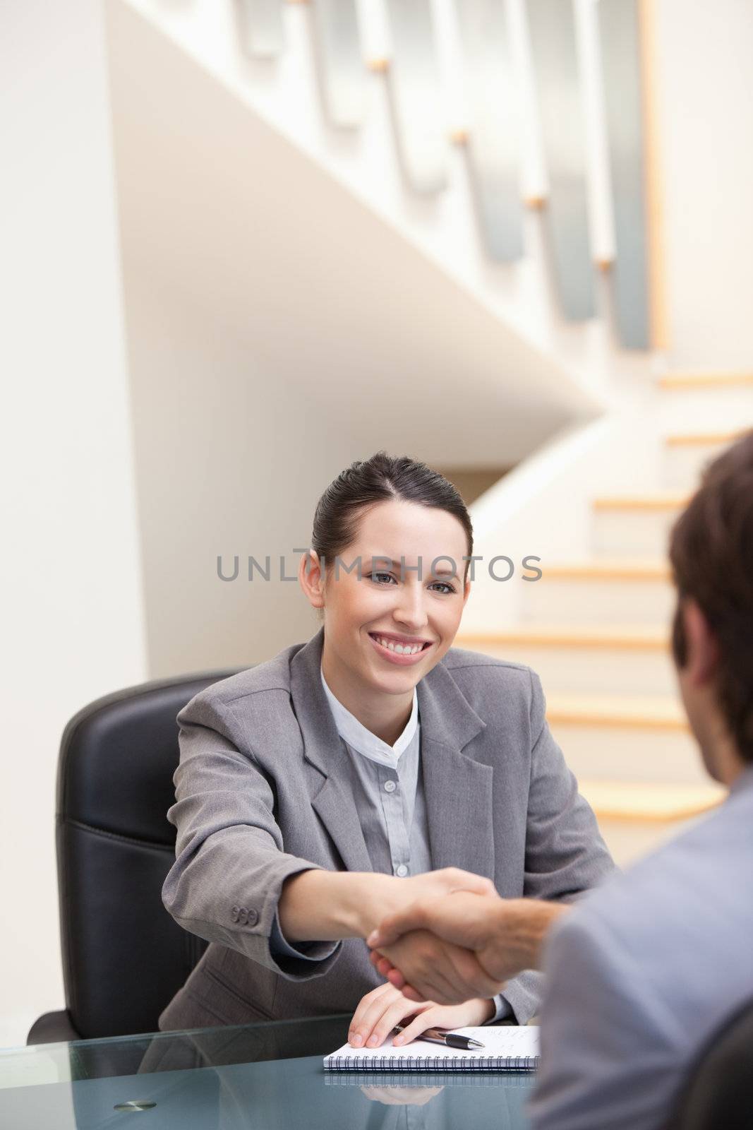 Businesswoman smiling while shaking hands in an office