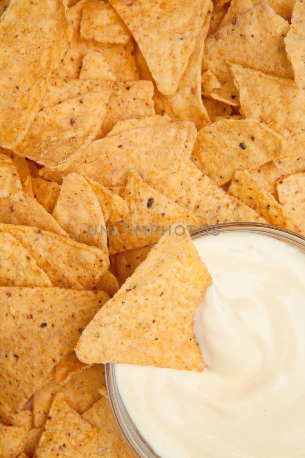 Bowl of white dip surrounded by nachos