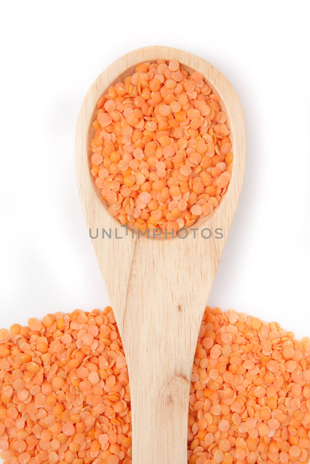 Wooden spoon with lentils against a white background